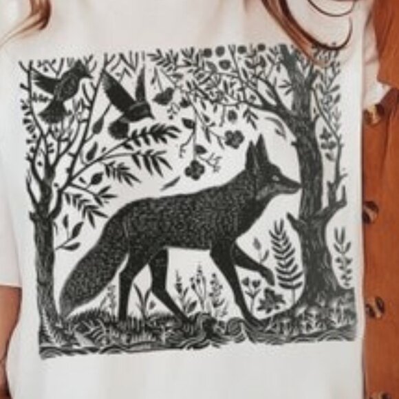 Folklore Forest Fox Lino Print Shirt, Vintage Forestcore TShirt - Picture 2 of 4